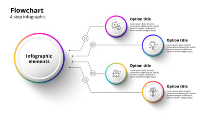 Business process chart infographics with 4 step segments. Circular corporate timeline infograph elements. Company presentation slide template. Modern vector info graphic layout design.