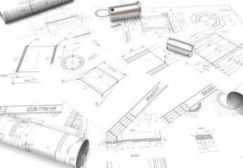 drawing of machine parts. Design documentation. Drawings and metal parts. Shaft, pinion, bushing and paper drawings. 3D rendering. project