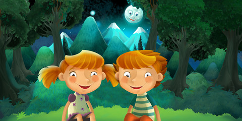 cartoon scene with boy and girl resting in the forest - brother and sister - illustration for children