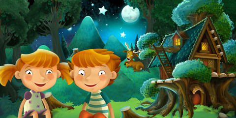 cartoon scene with pair of happy and funny kids in the forest during night resting near beautiful wooden house - illustration for children
