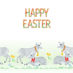 Naklejka premium Happy easter border seamless background lamb and sheep eggs and daffodil vector Illustration for use in interior design, artwork, dishes, clothing, packaging, greeting cards