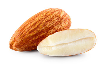 Almond. Almond nut with a cut isolated on white background. Full depth of field.