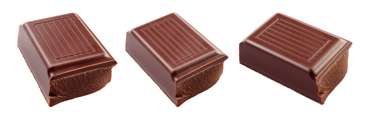 Broken milk chocolate bar. Pieces isolated on white background. With clipping path. Collection.