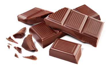 Broken chocolate bar. Group of pieces isolated on white background. With clipping path.