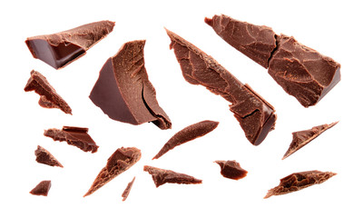 Chocolate. Chocolate pieces isolated on white. Broken chocolates. With clipping path. Collection.