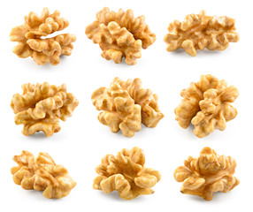 Walnut. Kernel isolated on white background. Collection. With clipping path.