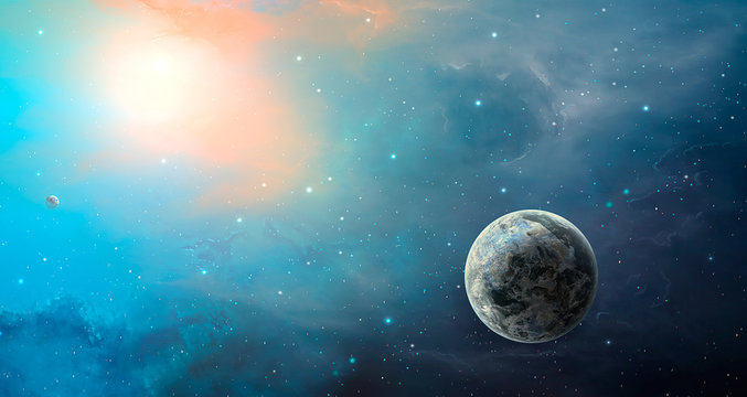 Space scene. Blue and orange nebula with planet. Elements furnished by NASA. 3D rendering © Space Creator