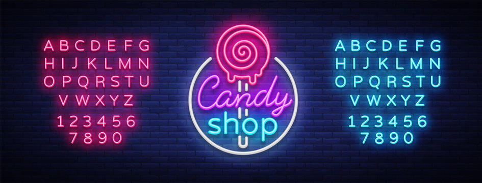 Candy shop logo in neon style. Store sweets neon sign, banner light, bright neon night sweets advertising. Design template for your projects. Vector illustration. Editing text neon sign