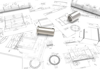 drawing of machine parts. Design documentation. Drawings and metal parts. Shaft, pinion, bushing and paper drawings. 3D rendering. project
