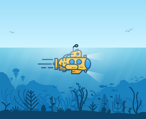 Linear yellow submarine swimming under the ocean with periscope. Underwater inhabitants. Underwater ocean scene. Deep blue water, coral reef and sea plants and fish. Modern line illustration.