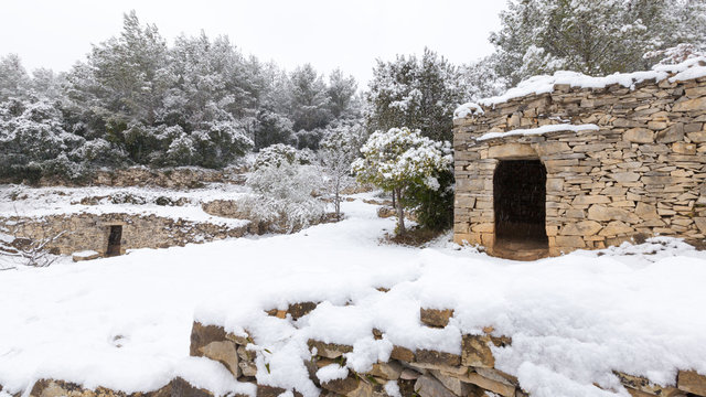 garrigue et capitelles sous la neige