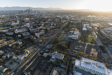 Aerial view of Exposition Park, University of Southern California campus, and neighborhoods south of downtown Los Angeles in Southern California.