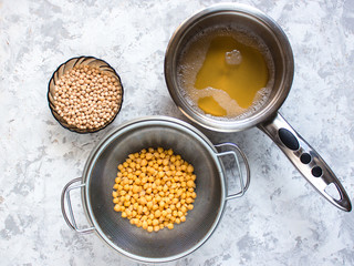 Aquafaba made of chickpea. Replace egg in baking for vegan recipe. Healthy diet concept.