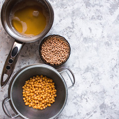 Aquafaba made of chickpea. Replace egg in baking for vegan recipe. Healthy diet concept.