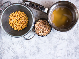 Aquafaba made of chickpea. Replace egg in baking for vegan recipe. Healthy diet concept.