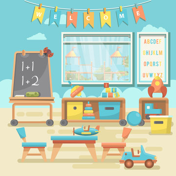 Kindergarten educational vector illustration with toys and preschool supplies in flat design