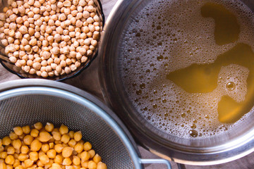 Aquafaba made of chickpea on rustic textile. Replace egg in baking for vegan recipe. Healthy diet...