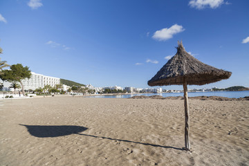  Mediterranean beach in balearic town of Santa Eularia des Riu, Ibiza, Spain.
