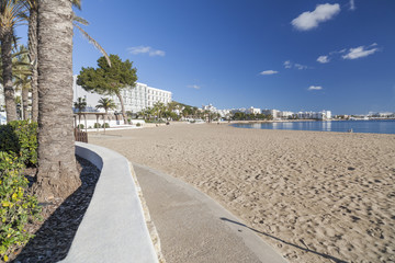 Mediterranean beach in balearic town of Santa Eularia des Riu, Ibiza, Spain.