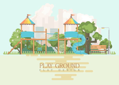  Play ground vector illustration in flat design. Preschool yard with toys