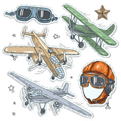 colorful sticker, set retro old aircraft, pilot helmet © tasha_d