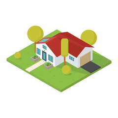 House 3d vector. Isometric view style vector illustration. Tree and bushes with flowerbed near modern home. Trendy isometric vector. Real estate concept.