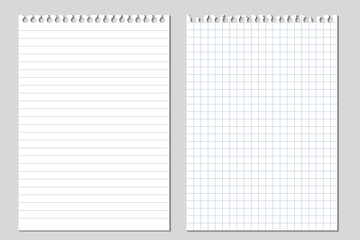 Set of vector realistic illustrations of a torn sheet of paper from a workbook with shadow, isolated