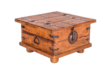 Old chest wooden coffee table isolated on white background