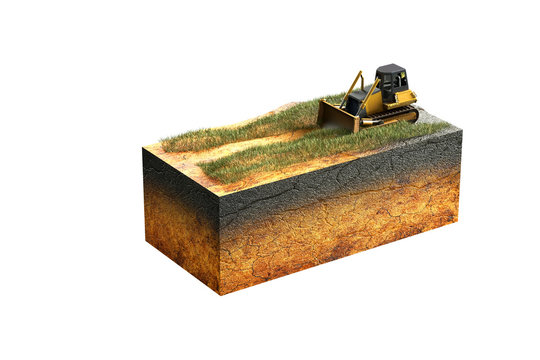 3d rendering illustration of cross section of cube of the earth and the tractor on the field