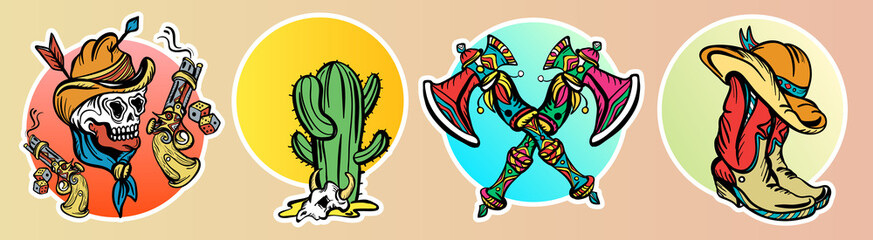 Cowboy, cactus, guns. Classic flash tattoo style, patches and stickers set. Wild west old school tattoo vector. Fashionable western