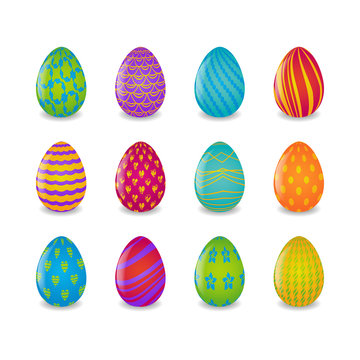 set of 16 colorful easter eggs with different patterns