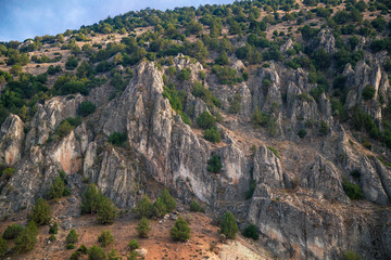 Fototapeta na wymiar Beautifull summer view of the peaked mountains in Turkey with dark clouds