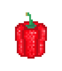 Fototapeta premium Red bell pepper, 8 bit pixel art icon on white. Fresh vegetable salad, stew recipe ingredient. Healthy eco organic product food market logo. Slot machine pictogram. Retro 80s,90s video game graphics.