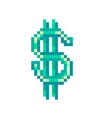 Naklejka na ściany i meble Green shiny dollar sign, pixel art icon isolated on white background. Bank icon. American money investment symbol. Payment sign. 8 bit slot machine jackpot pictogram. Retro 80s,90s video game graphics
