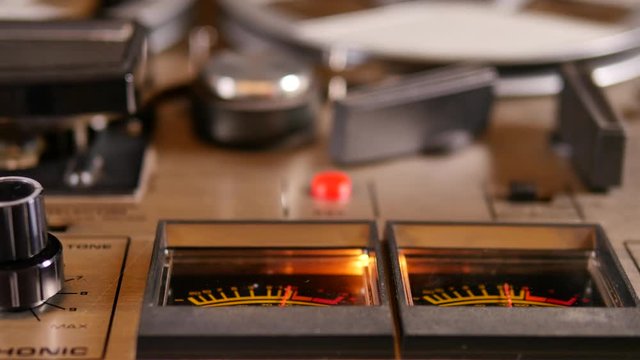 VU meters of an old Reel to Reel Tape recorder close up 