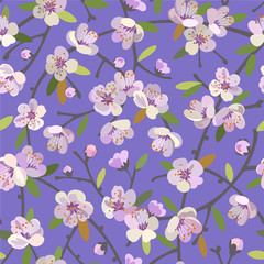   Seamless pattern with blooming apple branches. Spring blossoms floral background
