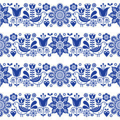 Folk art seamless vector floral pattern, Scandinavian navy blue repetitive design, Nordic ornament