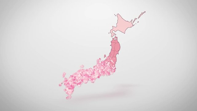 Sakura (Hanami Festival) blooming on Japan map