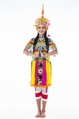 The lady in SouthernThe lady in colorful Southern thai classical dancing suit is posing Thai southern dance pattern on white background. thai classical dancing suit is posing on white background.