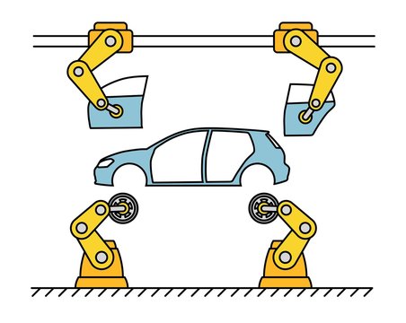 Thin line style car assembly line. Automatic auto production conveyor. Robotic car machinery industry concept. Vector illustration.