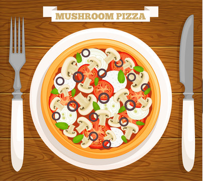 Mushroom pizza on a plate. Vector illustration. Served pizza top view.