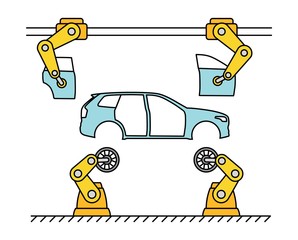 Thin line style car assembly line. Automatic auto production conveyor. Robotic car machinery industry concept. Vector illustration.