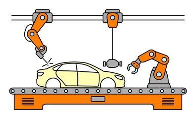 Thin line style car assembly line. Automatic auto production conveyor. Robotic car machinery industry concept. Vector illustration.