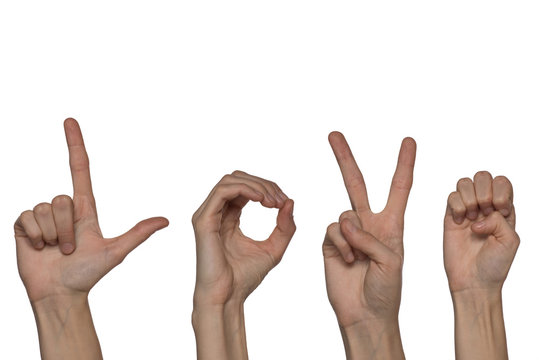 Alphabet for deaf-mutes people with hand gestures and a number letter on a background