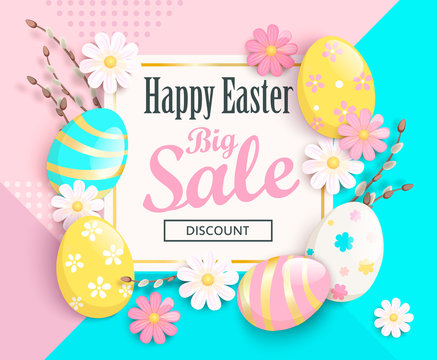 Big Sale card for Happy Easter with beautiful camomiles and painted eggs on geometric background. Sale and discount banner, poster, invitation, flyer. Vector illustration