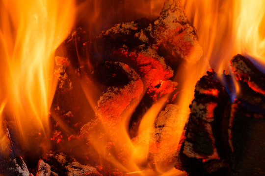 Closeup of flames and a red heat