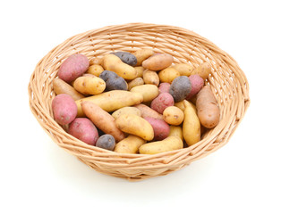 Fresh colorful potatoes red white blue in basket on white background