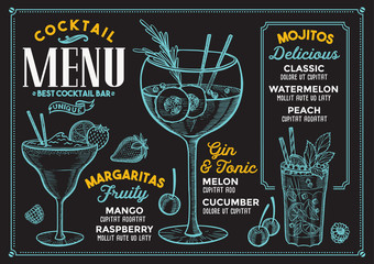 Cocktail bar menu. Vector drinks flyer for restaurant and cafe. Design template with vintage hand-drawn illustrations.