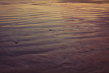 Single footprint on wet rippled sand at seacoast.