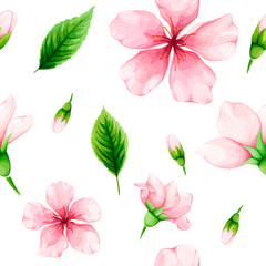 Cherry blossom. Seamless pattern of pink flowers and green leaves. Spring watercolor